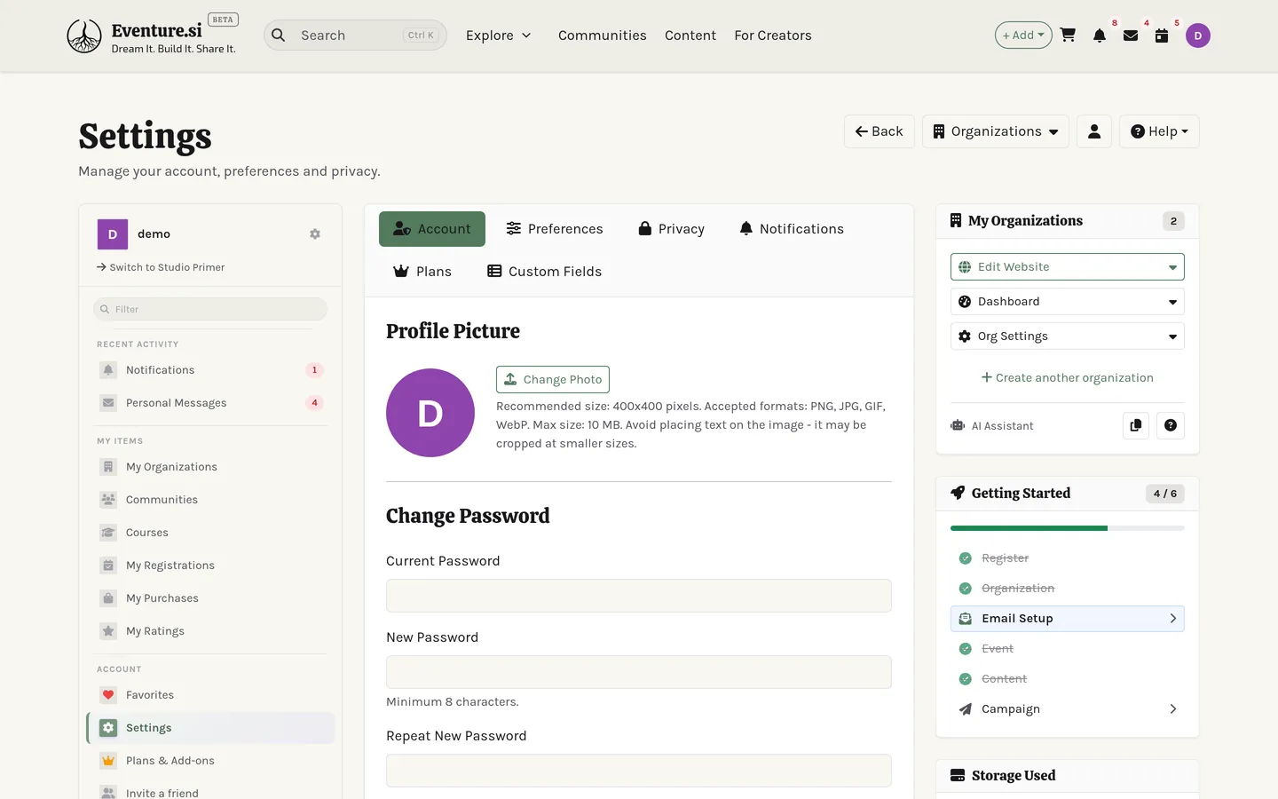 The Settings page: the Account, Preferences and Privacy tabs, plus the ones your role adds.