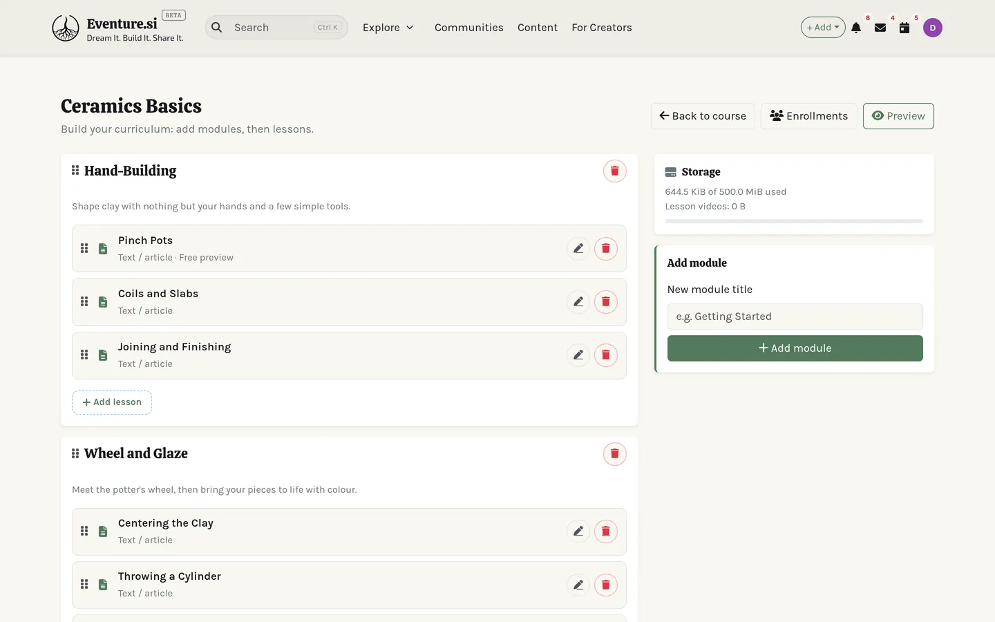 The curriculum builder: modules and lessons in drag-reorder order.