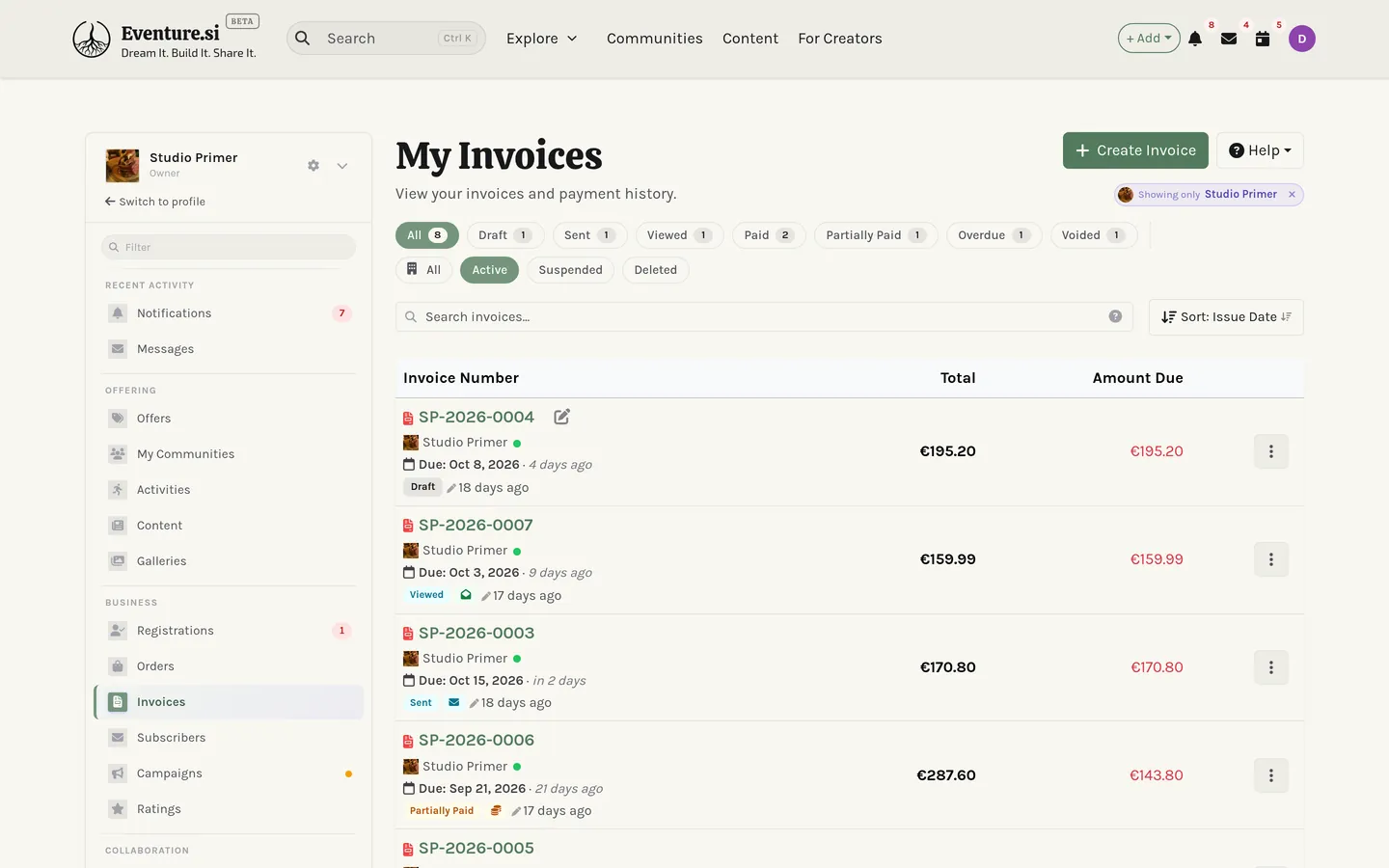 My Invoices: the status counts and filters above the list.
