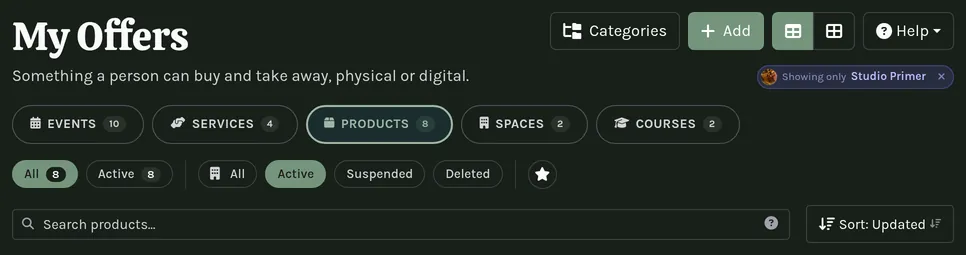 A page header close up: title, actions, the Help button, and filter tabs.