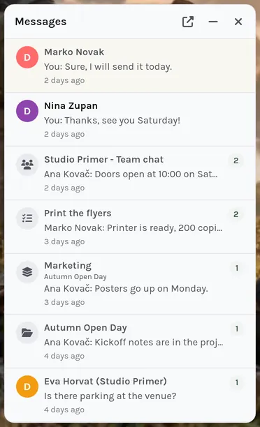 The envelope list: each round icon shows the kind of conversation, the number counts unread messages.