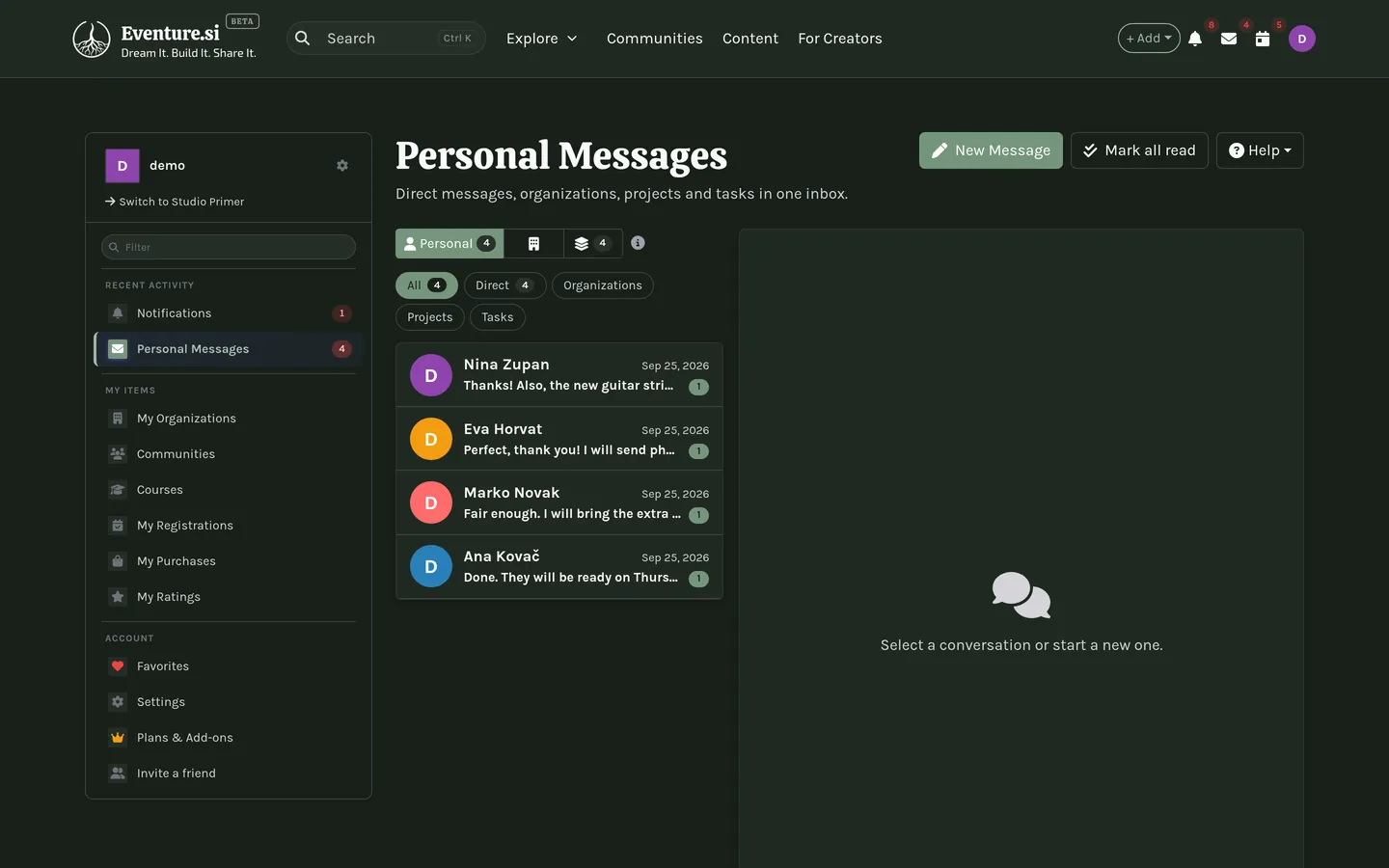 My Messages: conversations grouped by person and organization.