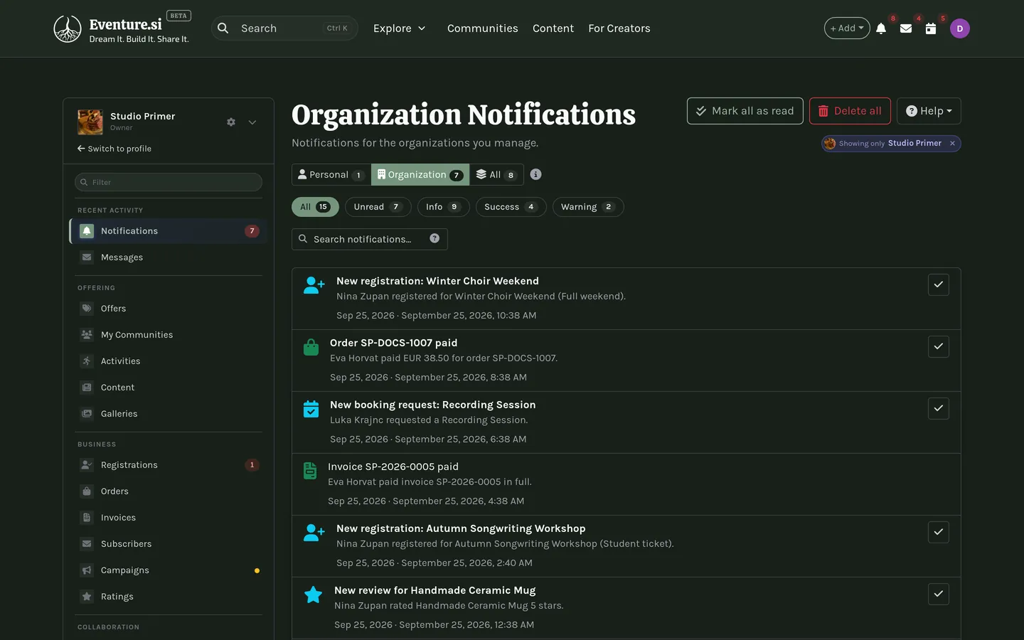 The notification center: personal and organization feeds.