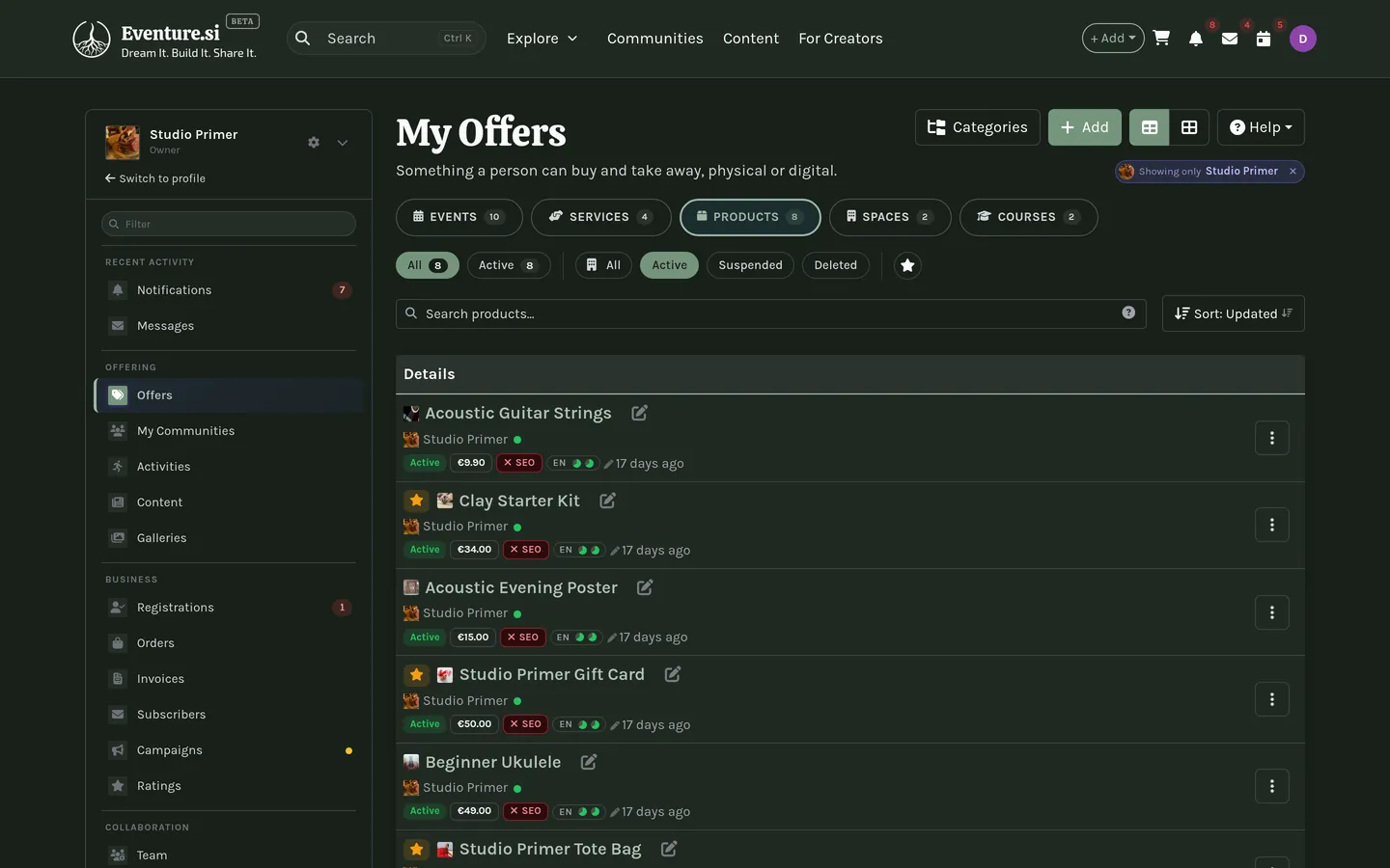 The My Offers hub: the Events, Services, Products, Spaces, and Courses tabs.