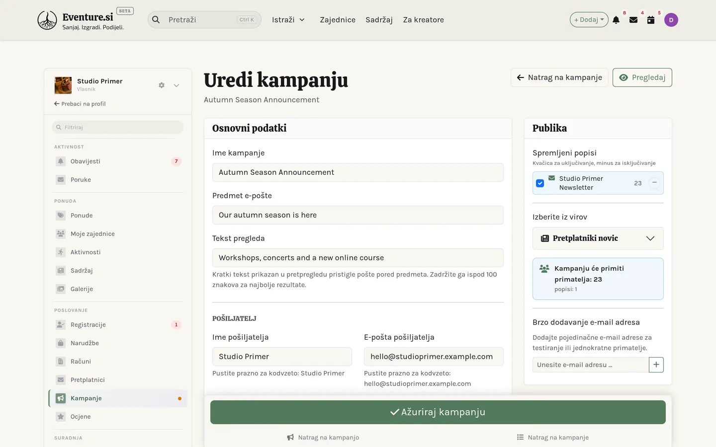 Uređivač kampanje s priloženim popisom i spremnim testnim slanjem.