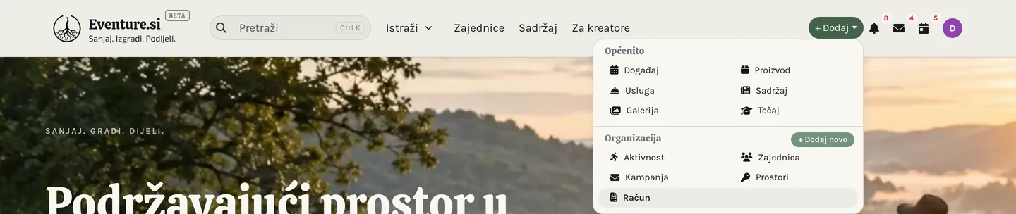 Otvoren izbornik + Dodaj, koji pokazuje što trenutno možete stvoriti.