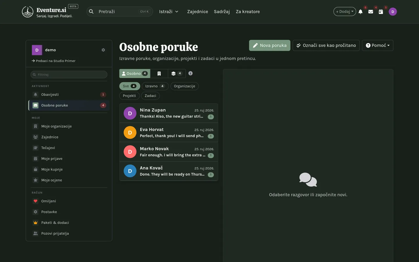 Moje poruke: razgovori grupirani po osobi i organizaciji.