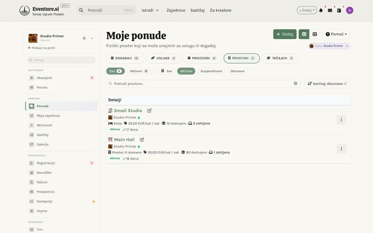 Moji prostori: popis dvorana, studija i opreme koje iznajmljujete.