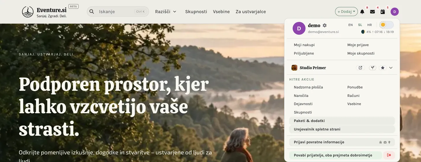 Meni z avatarjem: osebne postavke nad ločnico, vaša organizacija pod njo.